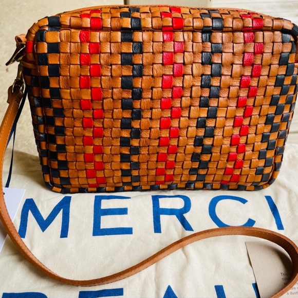 Clare V. Marisol Pinstripe Woven Checker Crossbody Bag NWT Natural Navy Red - Picture 7 of 7